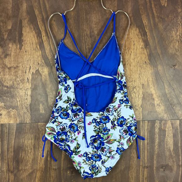 A.N.A New Approach Women Blue White Romeo Floral Open Back Swimsuit One Piece M - Picture 10 of 12
